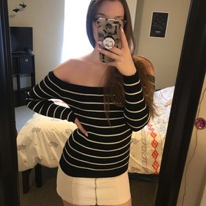off the shoulder black and white striped sweater